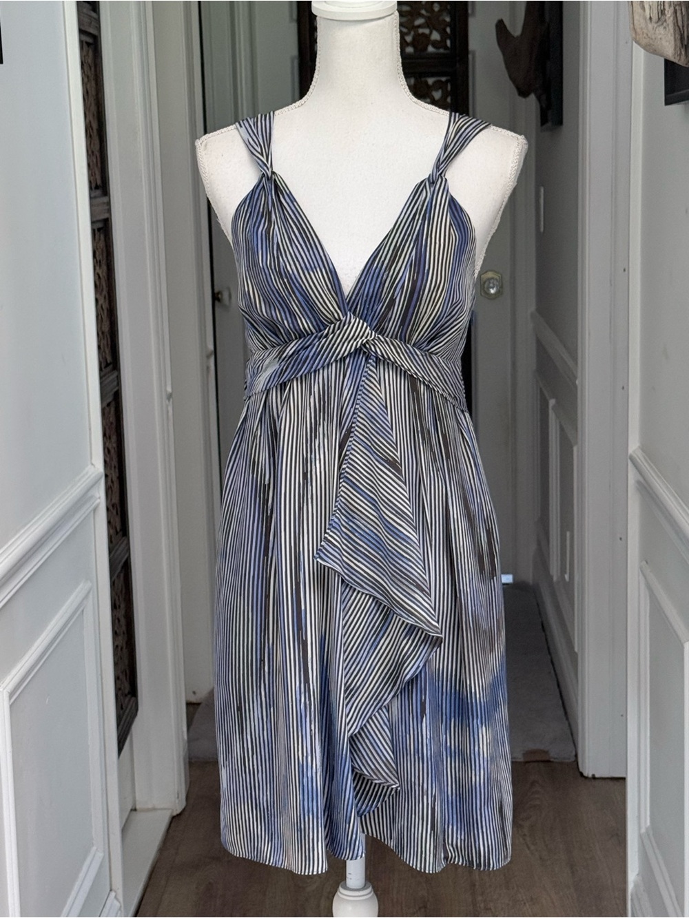Banana Republic Silk Faux Wrap Dress Sz 4 Striped Empire Waist Ruffle Open Back